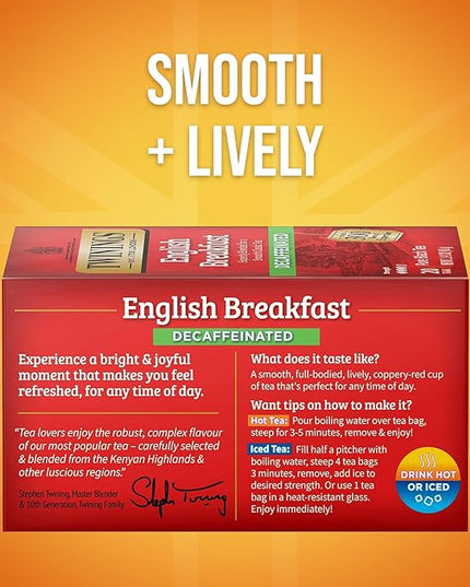 Twinings Decaffeinated English Breakfast Individually Wrapped Bags, 20 Count (Pack of 6), Flavourful & Robust, Enjoy Hot or Iced, 120 Teabags