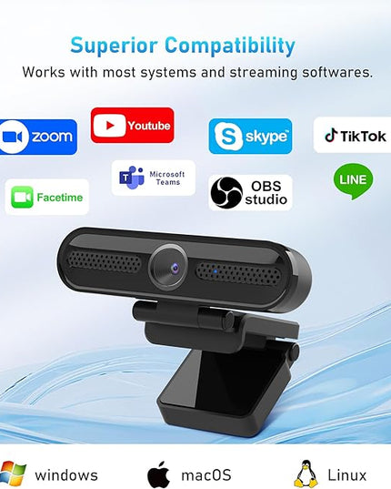 2K Webcam, FHD Computer Streaming Camera with 2K/30fps, 1080P/60fps, Autofocus, Dual Noise-Cancelling Microphones and Tripod, for Computer/Zoom/Skype/Teams/Laptop/MacBook/Windows