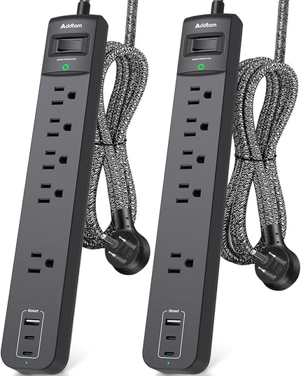 2 Pack Power Strip Surge Protector - 5 Widely Spaced Outlets 3 USB Charging Ports, 1875W/15A 6Ft Braided Extension Cord, Flat Plug Overload Protection, Wall Mount for Home Office Dorm Room Essentials