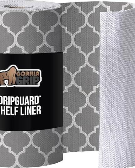 GORILLA GRIP DripGuard Shelf Liner, Non Adhesive Drawer and Kitchen Cabinet Protector, Slip Resistant BPA Free Smooth Surface Plastic Liners for Cabinets, Bathrooms, Closets, 12x240 Inch, White Gray