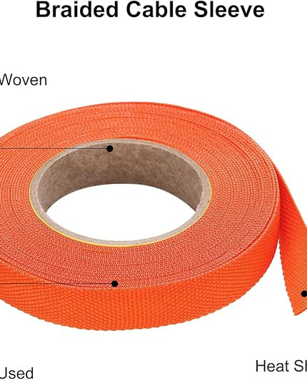 MECCANIXITY Braided Cable Sleeves Heat Shrinkable Fabric Sleeving, 3/8" 26ft Orange 2:1 Ratio Heat Shrinkable Cord Protector for Harness Cable, Network Cable Protection, Cable Management