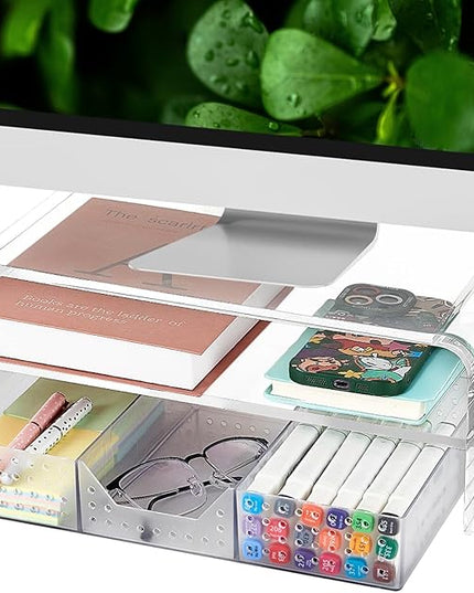 OPNICE Acrylic Clear Desk Organizers and Accessories, 2-Tier Computer Monitor Stand Riser with Drawer, Laptop Stand, Office Desk Accessories for Office Supplies, Transparent