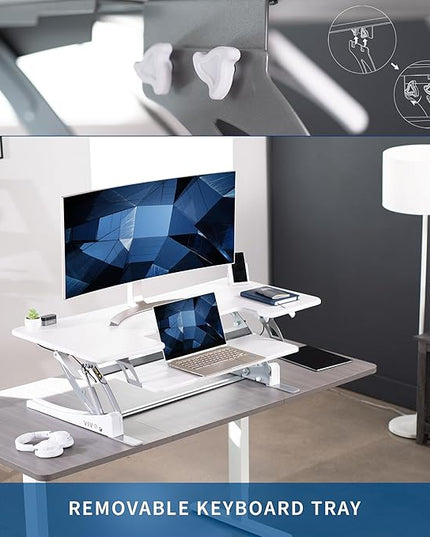 VIVO 48 inch Height Adjustable Large Stand Up Desk Converter, V Series, Quick Sit to Stand Tabletop Dual Monitor Riser Workstation, White, DESK-V048VW