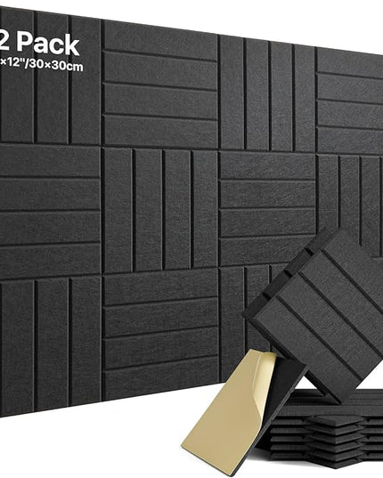 12 Pack Sound Proof Foam Panels for Walls, Self-Adhesive Acoustic Panels Sound Absorbing, 12" X 12" X 0.4" High Density Soundproof Wall Panels Tiles for Door, Ceiling, Home Office, Black