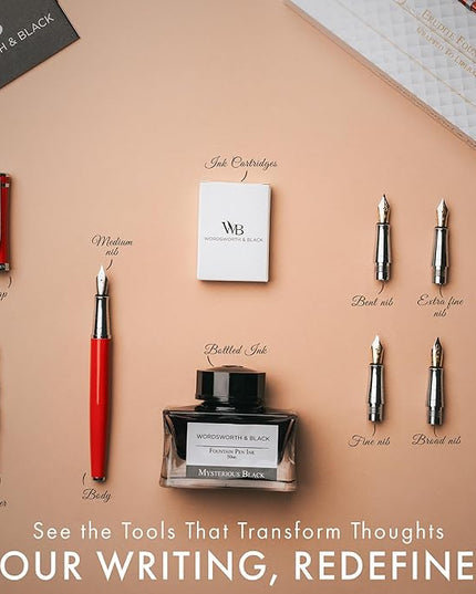 Wordsworth & Black Fountain Pen Gift Set, Includes Bottle, 6 Cartridges Refill Converter, 4 Replacement Nibs, Premium Package, Journaling, Calligraphy, Smooth Writing Pens [Red Chrome]