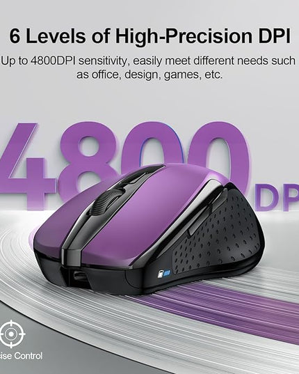 TECKNET Wireless Mouse (BT5.0/3.0 & 2.4G) Rechargeable 4800 DPI Silent USB A & Bluetooth Mouse 6 Buttons, Wide Compatibility - Purple