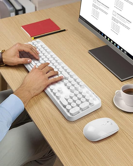 FOPETT Wireless Keyboard and Mouse Combo - 2.4G Full-Sized White Keyboard with Round Keycaps 104 Keys Typewriter Keyboard for Laptop/Windows/PC - White