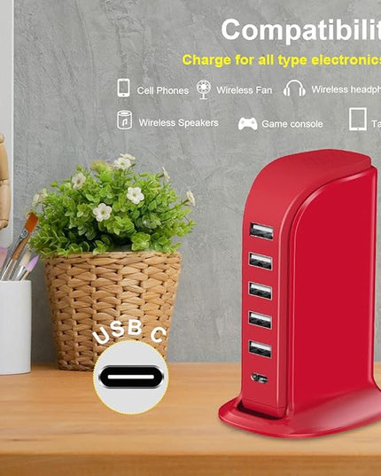 USB Phone Charger 6 Ports 40W Upoy, Type C Wall Charger Smart 6A, Charging Tower with 5ft Power Cord, USB Power Adapter Fast Charging, Smart Home Device Charging Station, iPhone/Ipad Accessories