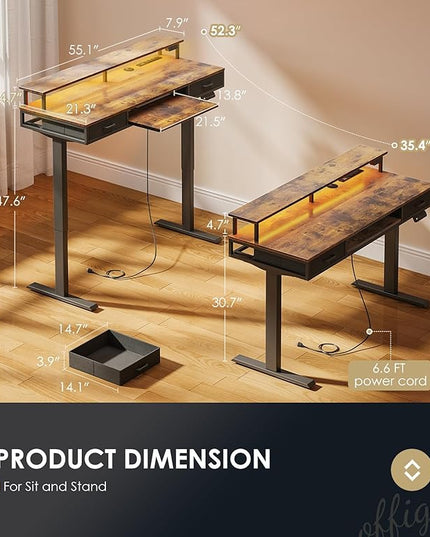OffiGo Electric Standing Desk with Drawers & Keyboard Tray, 55 Inch Height Adjustable Desk with Power Outlets & LED Lights, Sit Stand Table with Monitor Stand for Home, Office, Rustic Brown