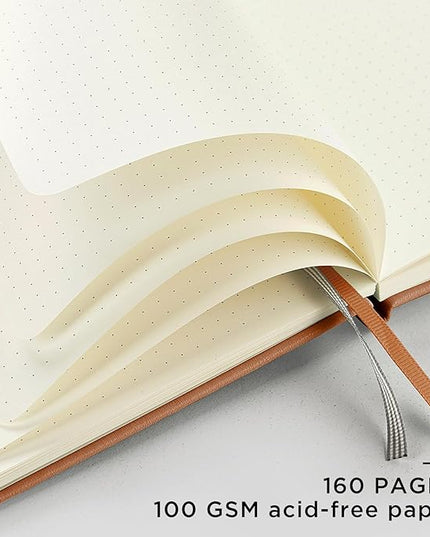 &And Per Se Dotted Journal Notebook, A5 Hardcover Leather Bullet Dotted Journal, 160 Pages 100 gsm Thick Paper, 3 Sheets of Stickers Included- 5.7'' x 8'' (Light Brown)