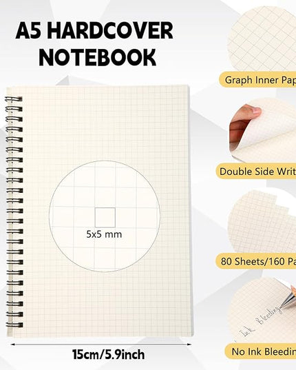 6 Pcs Spiral Notebooks Graph Paper & Bullet Dotted Paper A5 Journal Notepads, 5.7" x 8.3", 160 Pages, 80 Gsm Thick Paper, Plastic Cover Hardcover Waterproof(Graph Paper)