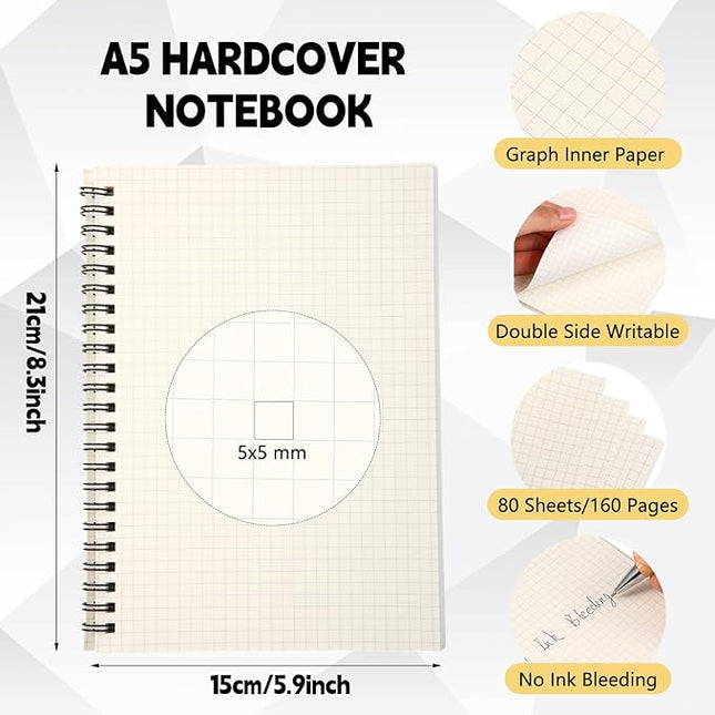 6 Pcs Spiral Notebooks Graph Paper & Bullet Dotted Paper A5 Journal Notepads, 5.7" x 8.3", 160 Pages, 80 Gsm Thick Paper, Plastic Cover Hardcover Waterproof(Graph Paper)