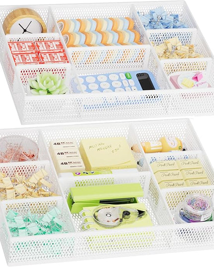Marbrasse 2 Pack Desk Drawer Organizer, Mesh Drawer Organizer Tray with 8 Adjustable Compartments, Desk Organizers and Accessories, 5 Dividers for Office Supplies, Makeup & Vanity (White)