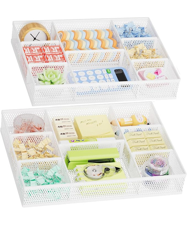 Marbrasse 2 Pack Desk Drawer Organizer, Mesh Drawer Organizer Tray with 8 Adjustable Compartments, Desk Organizers and Accessories, 5 Dividers for Office Supplies, Makeup & Vanity (White)