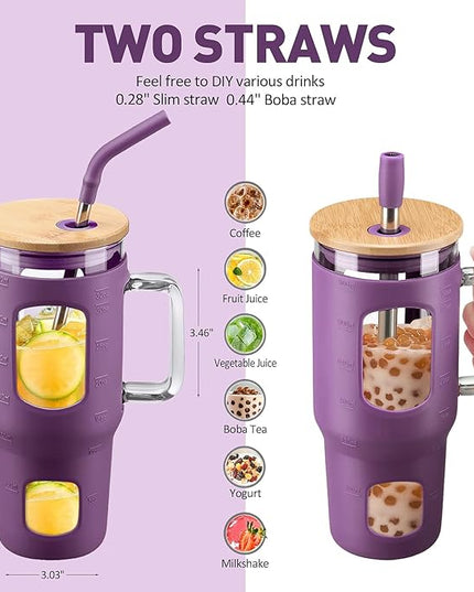 Glass Tumbler with Straw & Lid, 32 oz Glass Cup with Handle, Water Bottles with Time Marker - 2 Straws & Silicone Protective Sleeve Dark Purple