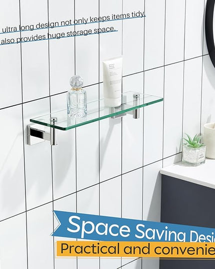 KOKOSIRI Bathroom Shelves Wall Mounted Floating Glass Shelf Polished Stainless Steel 16-Inch Small Hanging Rack for Storage/Room Decor B1105CH-L16