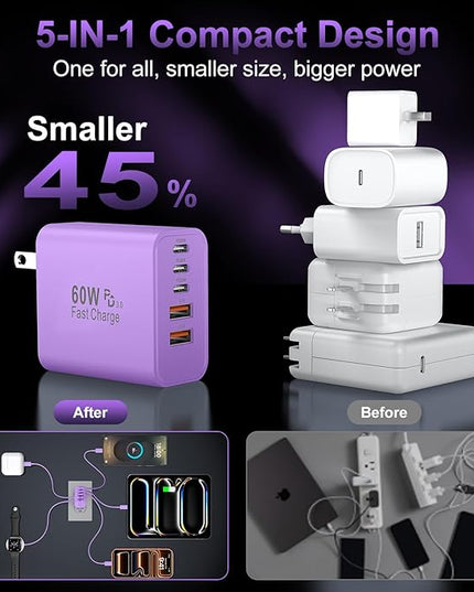 USB C Fast Wall Charger Block, 2Pack 60W USBC Charging Cubes, 5-Port PD+QC Power Adapter Multiport Brick Type C Box Plug for Phone 16/15/14/13/12/11/Pro Max/Plus, Pad Mini/Pro/S25/S24-Purple
