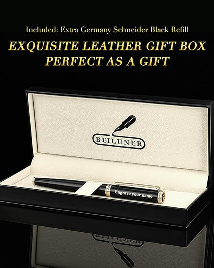 BEILUNER Black Personalized Fountain Pen,Stunning Luxury Lacquer,24K Gilded Nib(Fine),Gorgeous 24K Gold Finish, Ink Converter,Fancy Office Gift for Men&Women-Elegant, Graduation,Nice Pens for Writing