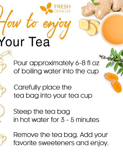 FreshDrinkUS, Premium 75 Tulsi Turmeric Ginger Tea Bags, 100% Natural & Pure from Tulsi Holy Basil Leaves, Turmeric and Ginger. Made with Natural Material Tea Bags. No Sugar, No Caffeine, Vegan.
