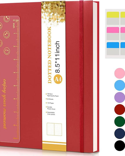 Dotted Notebook, Spiral Notebook Journal 8.5” x 11”, A4 Large Dot Grid Notebooks for Women Men, 100 GSM Dotted Paper, Plastic Hardcover Spiral Bullet Journals for Work School Sketching, Red