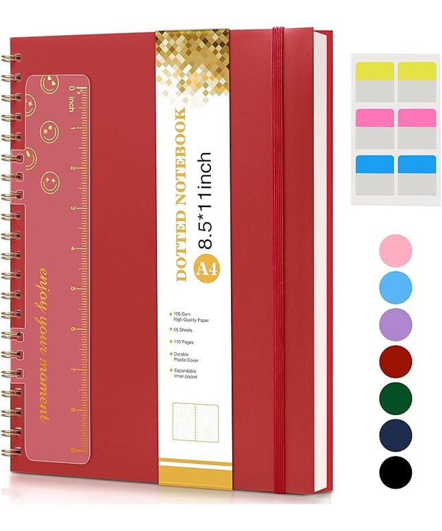 Dotted Notebook, Spiral Notebook Journal 8.5” x 11”, A4 Large Dot Grid Notebooks for Women Men, 100 GSM Dotted Paper, Plastic Hardcover Spiral Bullet Journals for Work School Sketching, Red