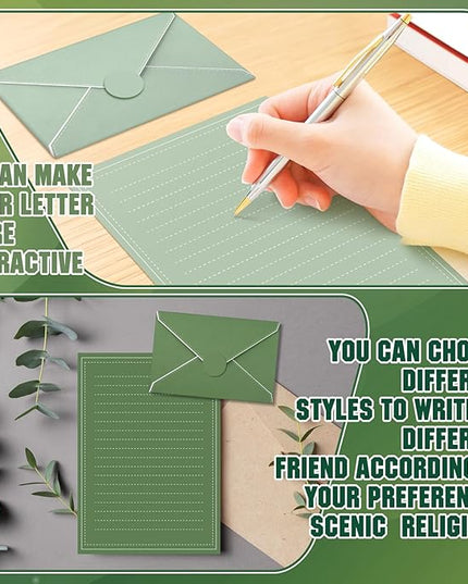 TaoBary 160 Packs Stationery Paper Set (50 Double Sided Stationery Writing Papers 50 Matching Envelopes) 60 Round Dot Sticker, 10 Design (5.5 x 8.25 Inch,Sage Green Color)