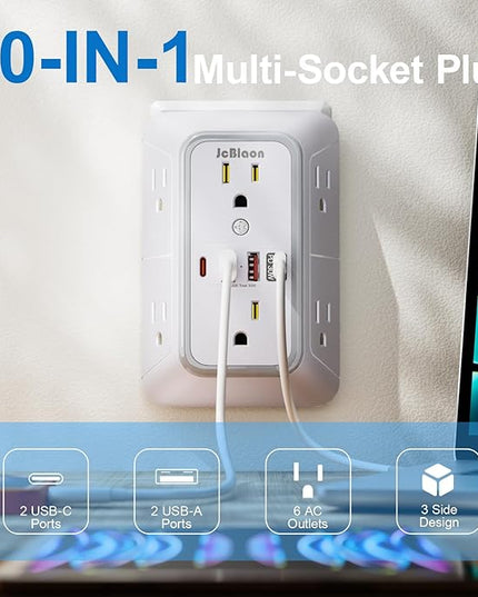 JcBlaon Surge Protector Outlet Extender 6 Outlet Extender with 4 USB Ports (PD 30W), 3 Sided 1050J Multi Plug Wall Adapter Power Strip for Home Travel Office Essentials