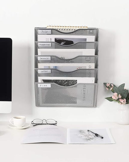 EasyPAG Hanging Wall File Organizer, 5 Pocket Wall Mounted Mail Organizer, Vertical Document Folder Holder with Nametag Label, Space Saving Paper Storage Magazine Rack for Office Home School, Silver
