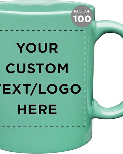 Custom Ceramic Coffee Mugs 11 oz. Set of 100, Personalized Bulk Pack - Coffee cup set, Iced coffee cup, Gaming mug - Teal