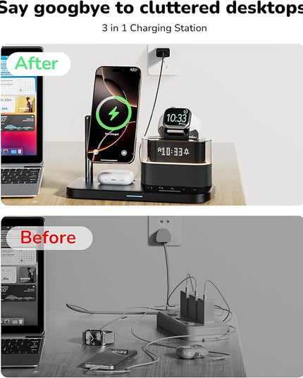 5 in 1 Wireless Charging Station for Apple,Mag-Safe Charger with Alarm Clock Night Light for Multiple Devices,Nightstand Charging Station for iPhone 17/16/15/14/13/12,Apple Watch Series,Air-Pods