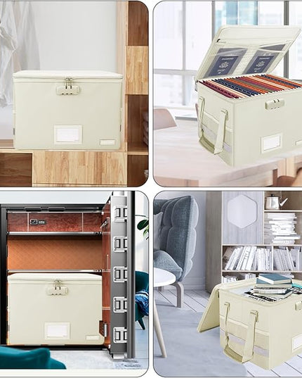 ENGPOW File Box with Lock,Fireproof Document Box with Zipper Lid,Collapsible File Storage Organizer Filing Cabinet with Handles,Portable Home Office Safe for Hanging Letter/Legal Folders,Beige,2 Pack