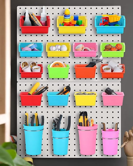 Roowest 60 Pcs Pegboard Cups Pegboard Bins Set, Wall Organizer with Hooks and Loops, Hooks Assortment Organizer Accessory for Office Storage Garage Craft Workshop(Multi Colors)