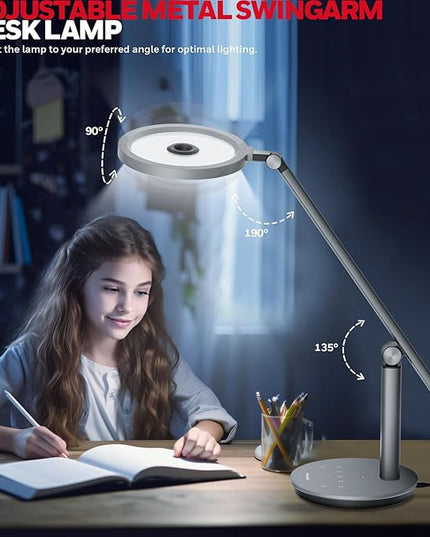 Honeywell Desk Lamp for Home Office, H6 Sunturalux™ Eye-Caring Led Desk Light, 800LM Dimmable Desk Lamp with Timer, Touch Control Tall Desk Reading Light, Table Lamp for Circle Webcam, Study, Bedroom