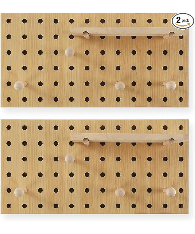 Beige Wood Pegboard Modular Display Wooden Pegboard Combination Wall Organizer Storage Wall Hooks Shelf for Home, Office, Bathroom, Comes with 2 Pieces Pegboards