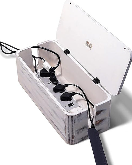 Rustic Cable Management Box & Cord Organizer- Cable Organizer for Desk, Home, Office. Hides Wires, Surge Protectors, Power Strips. Eco Friendly Mango Wood Cord Management Solution (Rustic White)