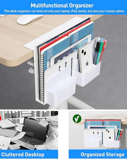 MAXECHO Desk Side Storage, Under Desk Laptop Mount, Table Side Hanging File Organizer, No Drill Clamp On Cable Management Tray, Laptop Holder with Magnetic Pen Holder for Office and Home, Load 22 Lbs
