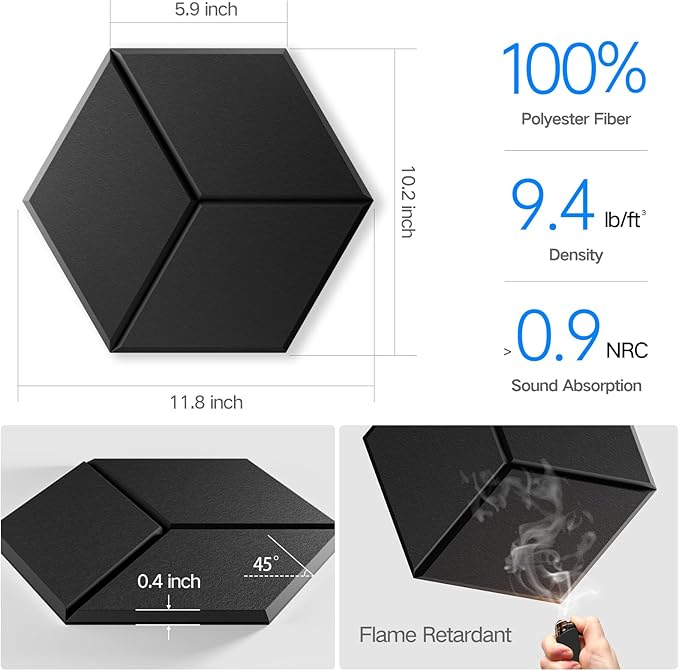 8 Pack Self-Adhesive Acoustic Panels 12" X 10" X 0.4" - Sound Proof Foam Panels for Walls with High Density, Y-Lined Design, Flame Resistant, Absorb Noise and Eliminate Echoes(Black)