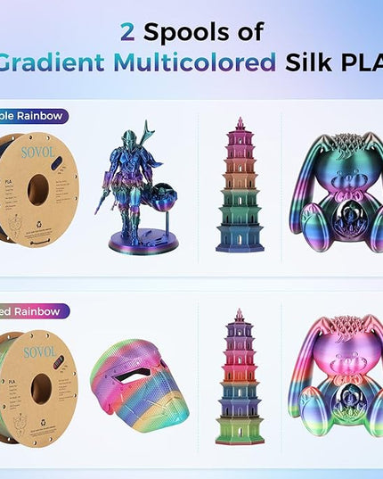 Sovol Silk PLA Filament 6KG Kit, Silk Tri Color & Dual Color Co-Extrusion PLA Materials, Shiny Multicolored Fast Change Rainbow 3D Printer Filament, 1.75mm 1kg/ 2.2lbs +/-0.03mm