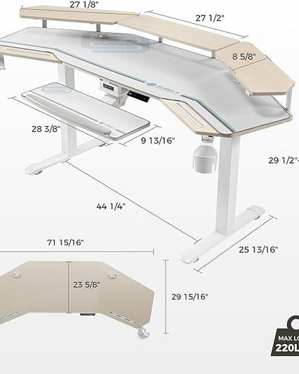EUREKA ERGONOMIC Standing Desk with Keyboard Tray, Large Music Studio Gaming Desk, Wing Shaped Sit Stand Table 72'', LED Convertible Shelves, Dual Motor&Slot, Maple
