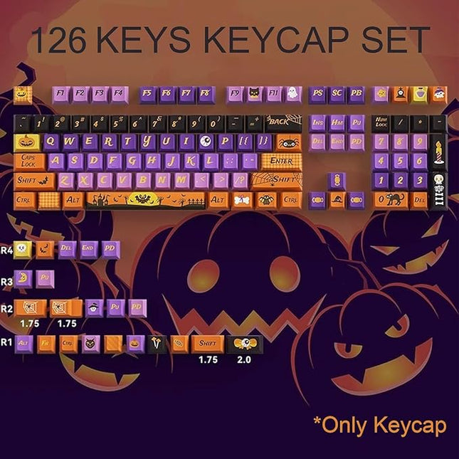 Halloween Theme Purple PBT Keycap, Cherry Profile Cute Key Cap for Mechanical Gaming Keyboard, Dye Sublimation, 126 Keys