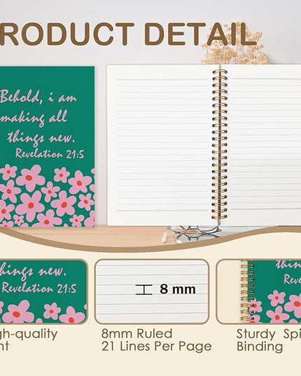 Inspirational Green Floral Christian Spiral Journal Notebook 5.5x8.3in, Prayer Bible Journal for Woman, Revelation 21:5 Bible Notebooks for Note Taking, Religious Hardcover Notebook