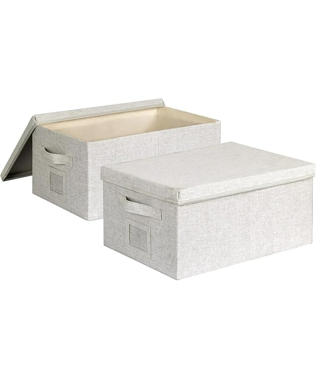 Large 17''x12'' Quart Collapsible Stackable Storage Bins with Lids, 2 Packs Off White Fabric Closet Boxes with Lids, Storage Cube Baskets Container Organizers for Bedroom Office(17''x12.2x''8'')