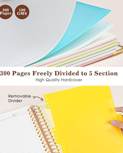 Hardcover Large Spiral Notebook 8.5" x 11" with Removable Dividers Tabs, 300 pages Leather 5 Subject Notebook College Ruled, A4 Journal for Women Men, Notebooks for Work School Note taking, Pink