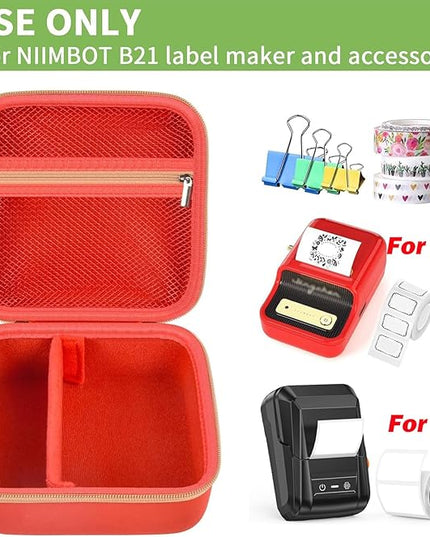 ALKOO Case Compatible with NIIMBOT B21 / B1 Label Maker Wireless Thermal Label Printer, Holder for Inkless Label Maker & Labeling Tapes Refills, with Mesh Pocket for Cable Accessories (Red)