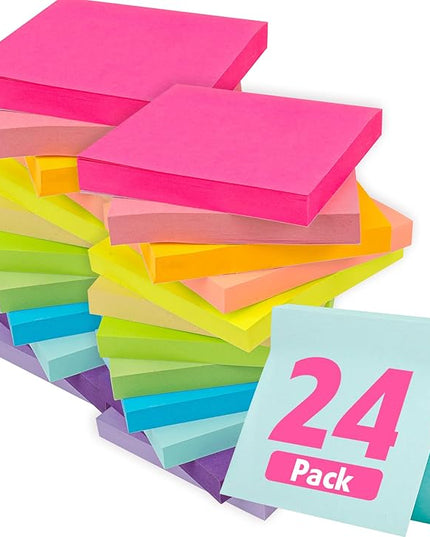 24 Pads Sticky Notes 3x3, Self-Stick Pads Bulk Bright Colors, School Supplies, Office Products, 50 Sheet/Pad