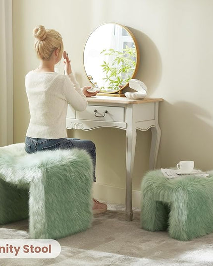 Ottoman Set of 2 Small Footstool Ottoman Vanity Stool Chair Faux Fur Seating Backless Modern Foot Rest Furry for Makeup Room Living Room Bedroom Entryway,Green(2-in-1)