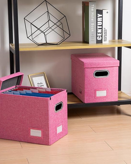 PRANDOM File Organizer Box - Set of 4 Collapsible Decorative Linen Filing Storage Hanging File Folders with Lids Office Cabinet Letter Size Pink (14x9.3x10.8 inch)