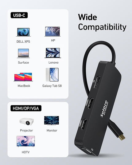 USB C Docking Station Dual HDMI Monitor Adapter, Selore USB C Hub 3 Monitors with Dual HDMI, Displayport, VGA, 100W PD Charging, 3USB 2.0 Ports Adapter for Dell XPS,HP, Lenovo,etc(Black)