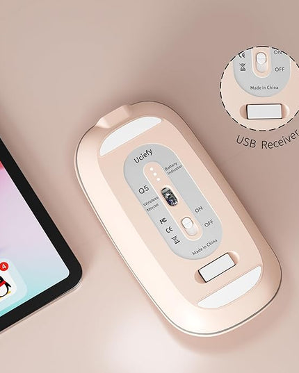 Uciefy Q5 Slim Rechargeable Wireless Mouse, 2.4G Portable Optical Silent Ultra Thin Wireless Computer Mouse with USB Receiver and Type C Adapter, Compatible with PC, Laptop, Desktop - Light Pink