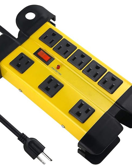 Heavy Duty Surge Protector for Appliances, 8 Outlet Workshop Power Strip with 1200 Joules, Metal with 10 FT Extension Cord and Wide Spaced. Yellow